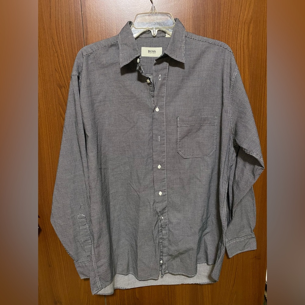 Hugo Boss Men's Monochrome Checkered pattern long sleeve office party shirt M